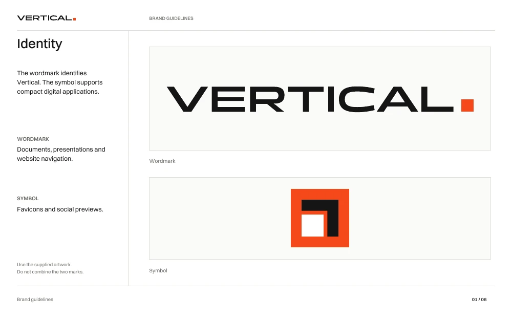 First page of the Vertical brand guidelines, showing the wordmark and symbol