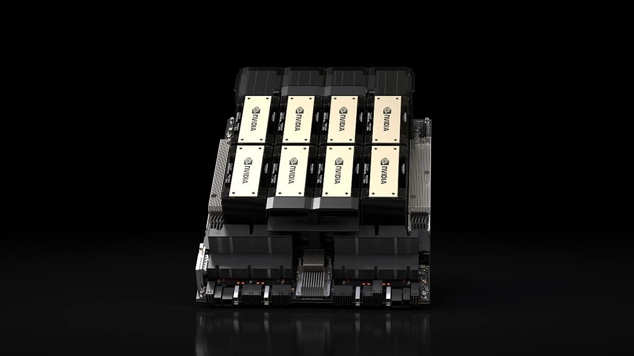 NVIDIA HGX H200 platform with eight gold-topped GPU modules and black heatsinks