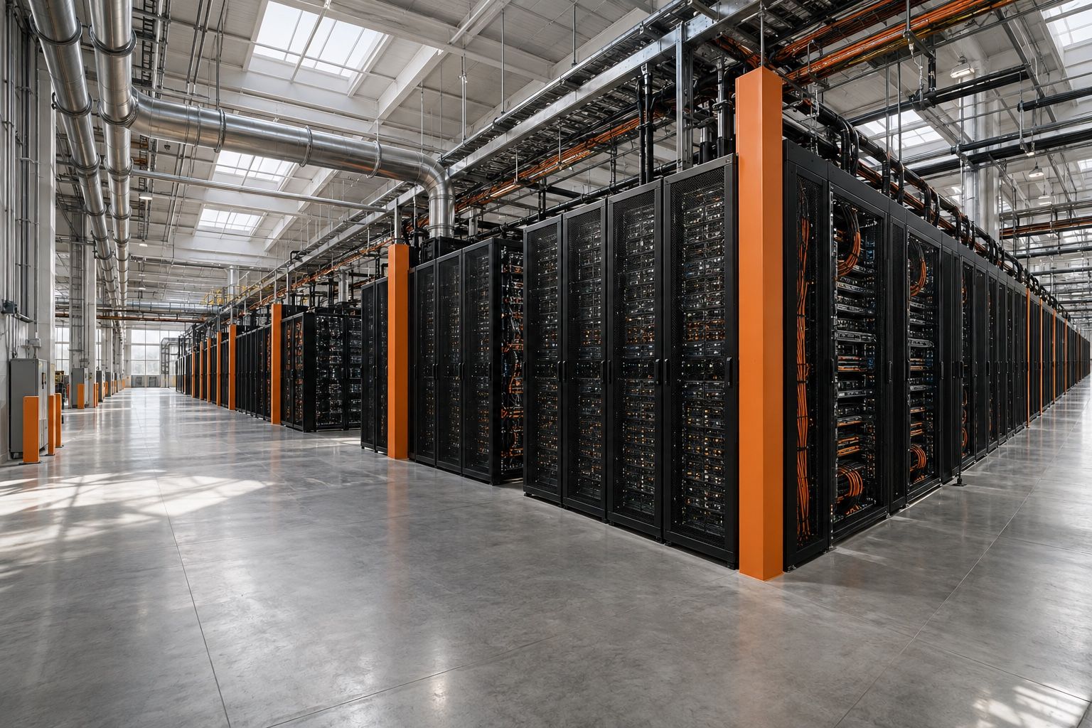 Concept visualization of a vast AI data centre with rows of black GPU racks, overhead cooling pipes, and orange industrial detailing