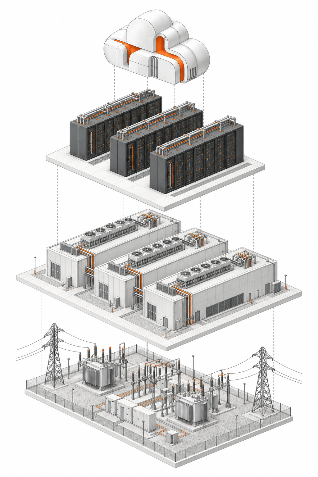 Exploded isometric drawing of the stack: AI workloads at the top, then GPU clusters, data centre buildings and a power substation