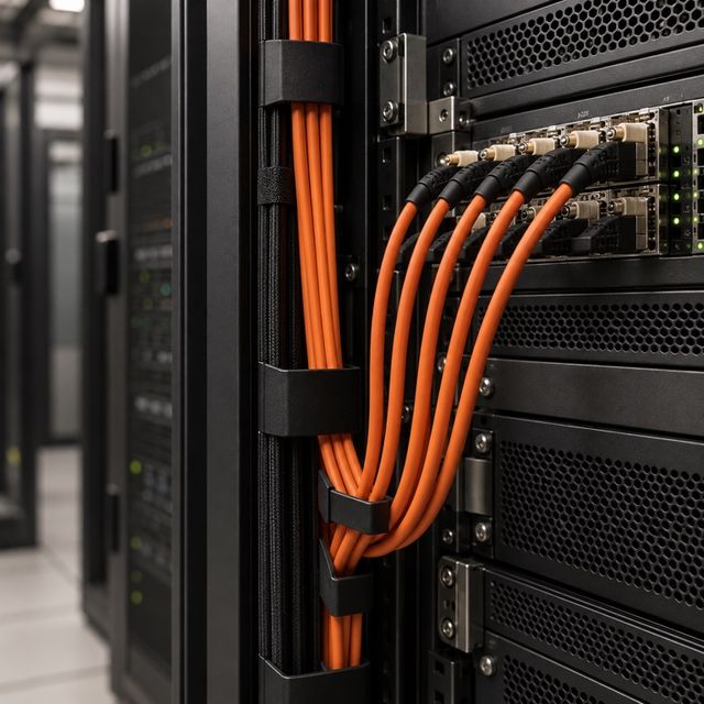 Concept visualization of server-rack networking hardware with orange cabling